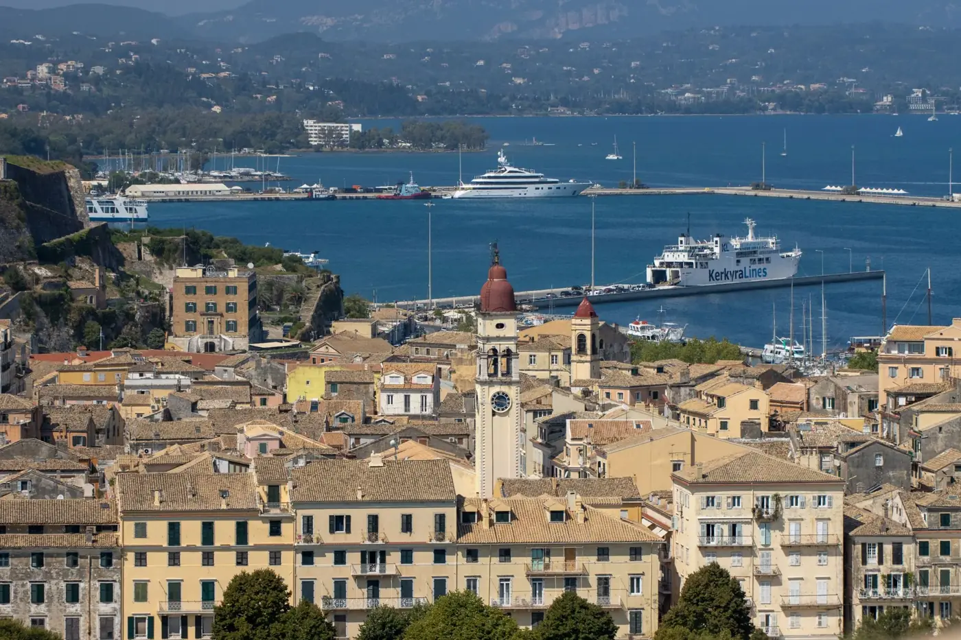Beautiful aerial view of Corfu Town with historic architecture and harbor in Greece.