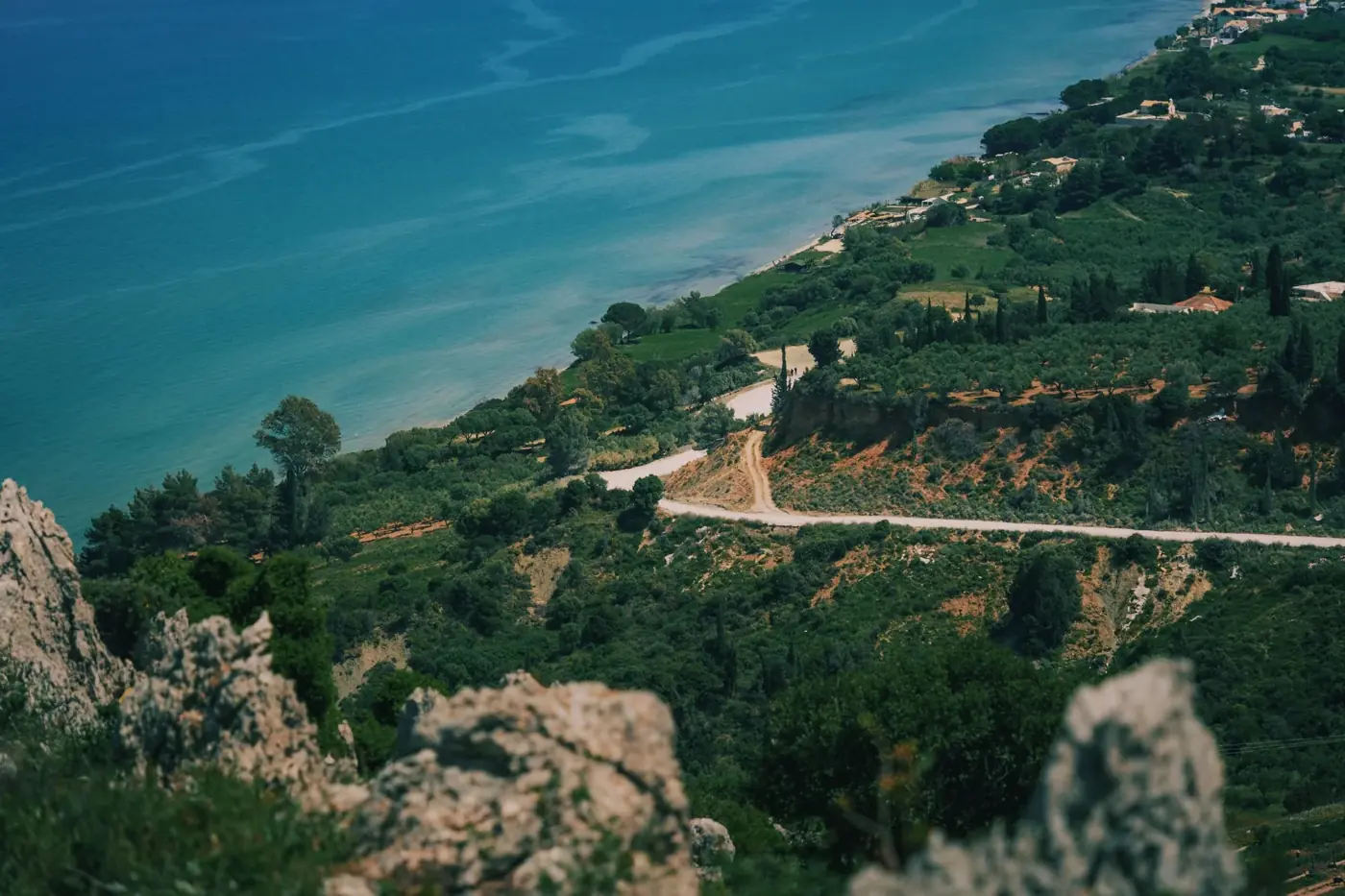 A stunning view of the rugged coastline and lush greenery of Zakynthos, Greece.