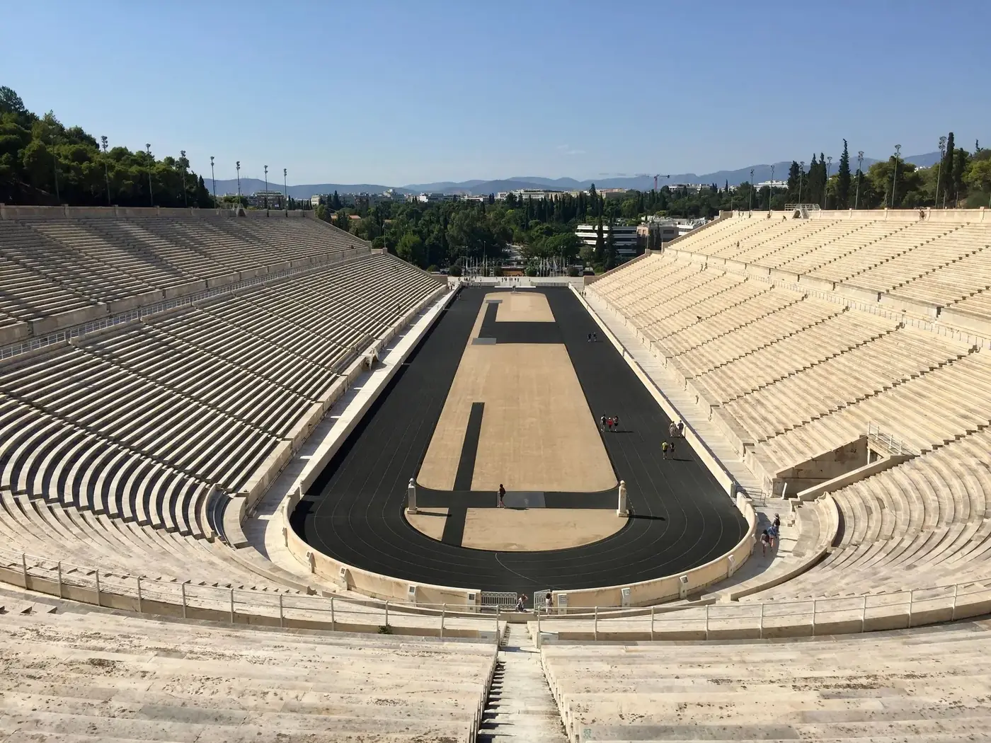 Panathenaic Stadium in Athens, Greece, showcasing its historical marble structure.