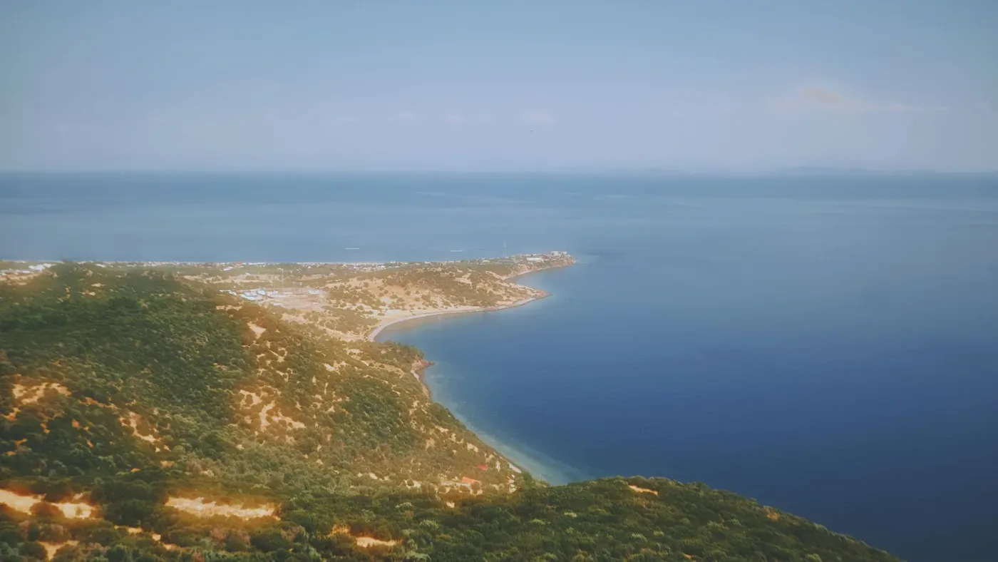Stunning aerial view of the Aegean coastline near Lesbos, Greece, on a clear day.