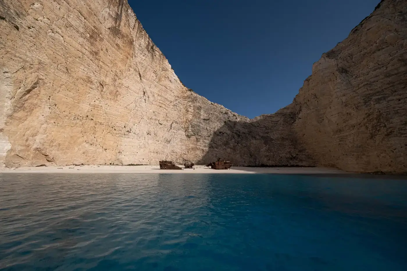 Stunning view of Navagio Beach with its famous shipwreck and turquoise waters in Greece.