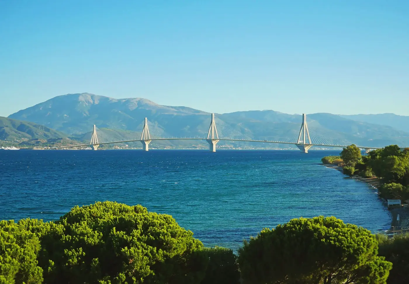 View of the Rion-Antirion Bridge over the Gulf of Corinth in Patras, Greece.